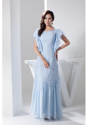 Ruffled Short Sleeves Scoop Ankle-length Prom Dress in Light Blue