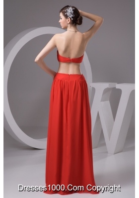 Rust Red Strapless High Slit Chiffon Prom Dress with Cutout Waist