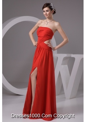 Rust Red Strapless High Slit Chiffon Prom Dress with Cutout Waist