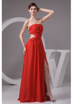 Rust Red Strapless High Slit Chiffon Prom Dress with Cutout Waist