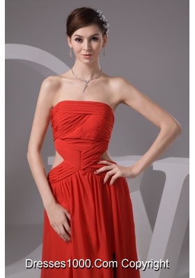 Rust Red Strapless High Slit Chiffon Prom Dress with Cutout Waist