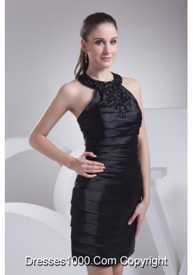 Sexy Column Halter Top Beaded Ruched Black Mini-length Prom Dress