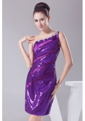 Sexy Purple Sequin Short Prom Dress One Shoulder with Beading