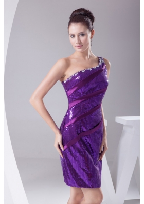 Sexy Purple Sequin Short Prom Dress One Shoulder with Beading
