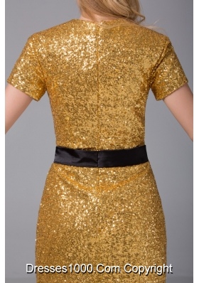 Short Sleeve Bateau Neck Sequin Mini Gold Prom Nightclub Dress