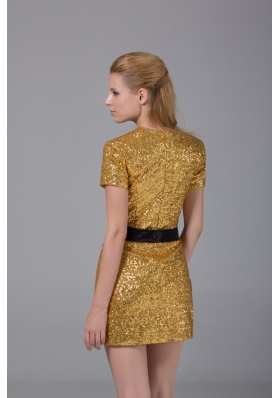 Short Sleeve Bateau Neck Sequin Mini Gold Prom Nightclub Dress