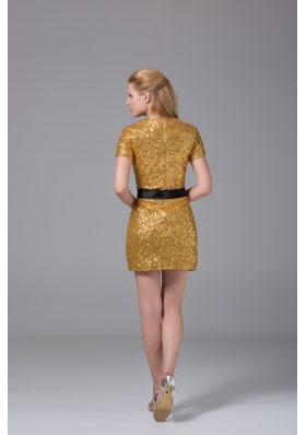 Short Sleeve Bateau Neck Sequin Mini Gold Prom Nightclub Dress