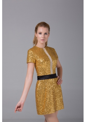 Short Sleeve Bateau Neck Sequin Mini Gold Prom Nightclub Dress