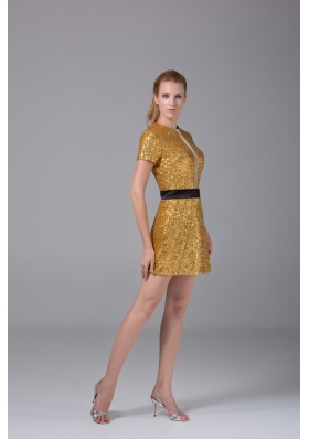 Short Sleeve Bateau Neck Sequin Mini Gold Prom Nightclub Dress