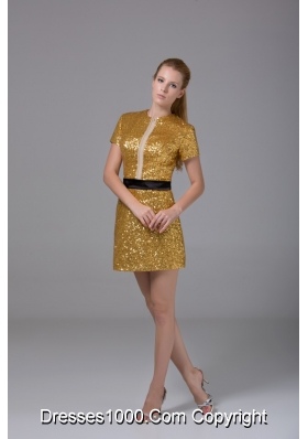 Short Sleeve Bateau Neck Sequin Mini Gold Prom Nightclub Dress