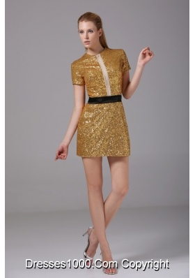 Short Sleeve Bateau Neck Sequin Mini Gold Prom Nightclub Dress