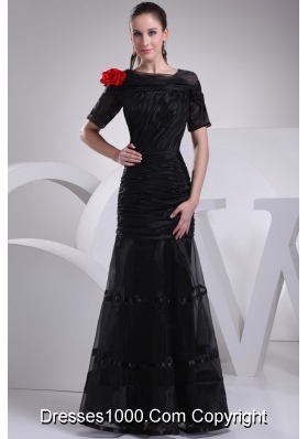 Short Sleeves Ruched Mermaid Prom Dress with Flower on Shoulder