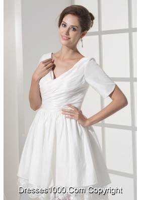 Short Sleeves V-neck Princess Ruched Bridal Gown with Lace Hemline