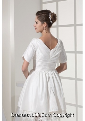 Short Sleeves V-neck Princess Ruched Bridal Gown with Lace Hemline