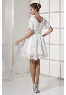 Short Sleeves V-neck Princess Ruched Bridal Gown with Lace Hemline