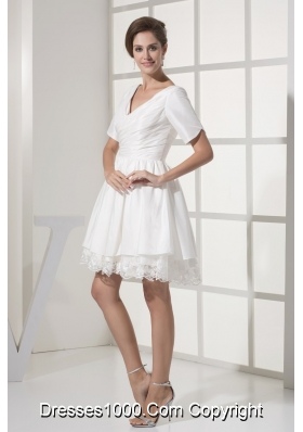 Short Sleeves V-neck Princess Ruched Bridal Gown with Lace Hemline