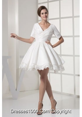 Short Sleeves V-neck Princess Ruched Bridal Gown with Lace Hemline