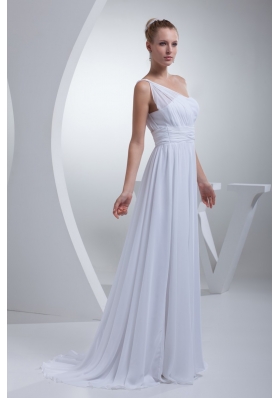 Single Shoulder Brush Train Wedding Gowns with Ruching Sash