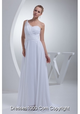 Single Shoulder Brush Train Wedding Gowns with Ruching Sash