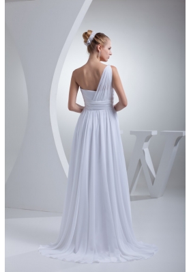 Single Shoulder Brush Train Wedding Gowns with Ruching Sash