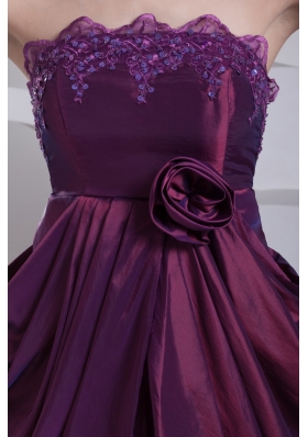 Strapless Pick-ups Burgundy Prom Dress with Handmade Flower and Paillette