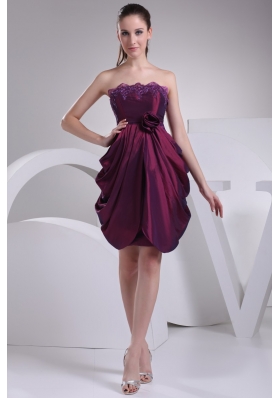 Strapless Pick-ups Burgundy Prom Dress with Handmade Flower and Paillette