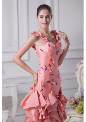 Straps Watermelon Prom Dress with Handmade Flower and Embroidery