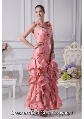 Straps Watermelon Prom Dress with Handmade Flower and Embroidery