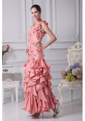 Straps Watermelon Prom Dress with Handmade Flower and Embroidery