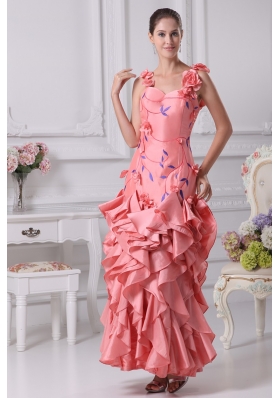 Straps Watermelon Prom Dress with Handmade Flower and Embroidery