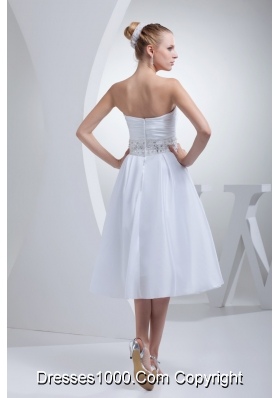Tea-length Sweetheart Ruche Bridal Dress with Jewelry Decorated Ribbon