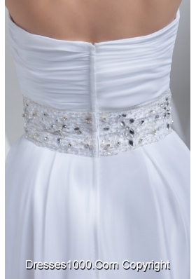 Tea-length Sweetheart Ruche Bridal Dress with Jewelry Decorated Ribbon