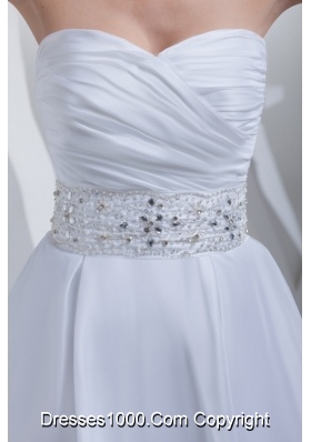 Tea-length Sweetheart Ruche Bridal Dress with Jewelry Decorated Ribbon