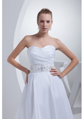 Tea-length Sweetheart Ruche Bridal Dress with Jewelry Decorated Ribbon