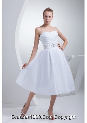 Tea-length Sweetheart Ruche Bridal Dress with Jewelry Decorated Ribbon