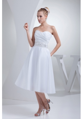Tea-length Sweetheart Ruche Bridal Dress with Jewelry Decorated Ribbon