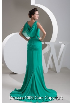 Turquoise V-neck Brush Train Ruched Column Prom Dress