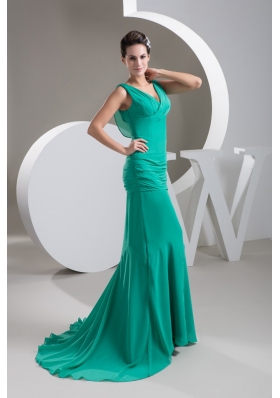 Turquoise V-neck Brush Train Ruched Column Prom Dress