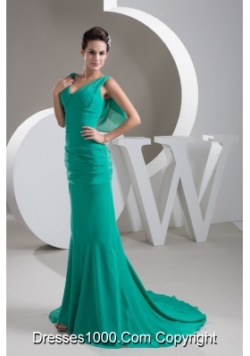 Turquoise V-neck Brush Train Ruched Column Prom Dress