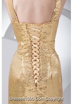 Unique Sequin Straps Gold Brush Train Prom Celebrity Dress