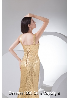 Unique Sequin Straps Gold Brush Train Prom Celebrity Dress