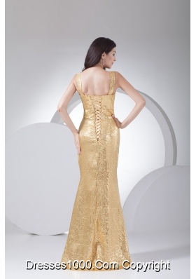 Unique Sequin Straps Gold Brush Train Prom Celebrity Dress