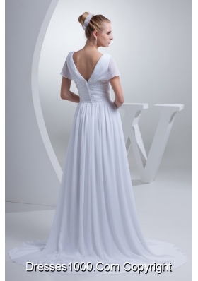 V-neck Short Sleeves Brush Train Bridal Dress with Ruche Beading and Appliques