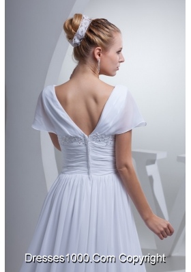 V-neck Short Sleeves Brush Train Bridal Dress with Ruche Beading and Appliques