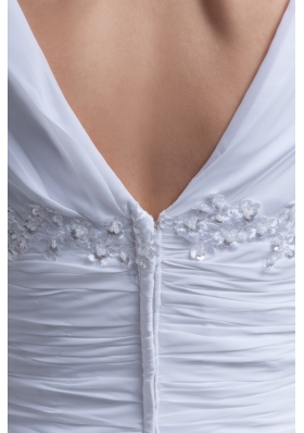 V-neck Short Sleeves Brush Train Bridal Dress with Ruche Beading and Appliques