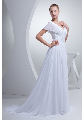 V-neck Short Sleeves Brush Train Bridal Dress with Ruche Beading and Appliques