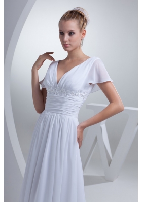 V-neck Short Sleeves Brush Train Bridal Dress with Ruche Beading and Appliques