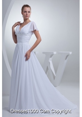 V-neck Short Sleeves Brush Train Bridal Dress with Ruche Beading and Appliques