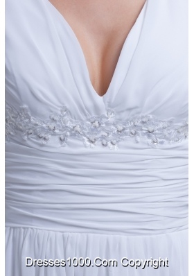 V-neck Short Sleeves Brush Train Bridal Dress with Ruche Beading and Appliques