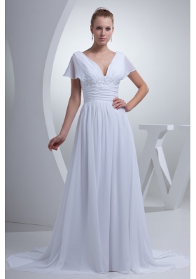 V-neck Short Sleeves Brush Train Bridal Dress with Ruche Beading and Appliques
